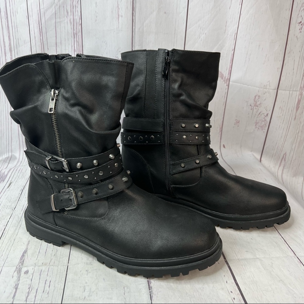 Torrid 12 Wide Black Faux Leather Studded Lug Sole Moto Boot 12WW